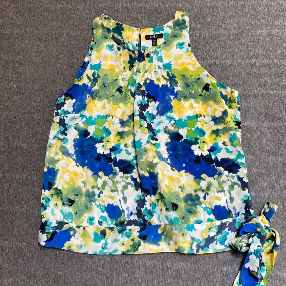 Apt. 9 Petite Medium Blue Green Floral Sleeveless Pleated Side Tie Blouse Top